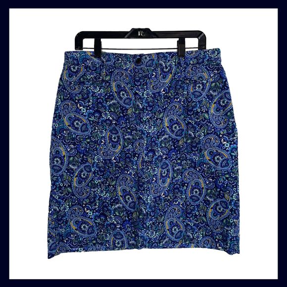 Talbots Blue Paisley Corduroy Skirt Size 12 Cotton Stretch Classic Print Mod - Picture 1 of 9
